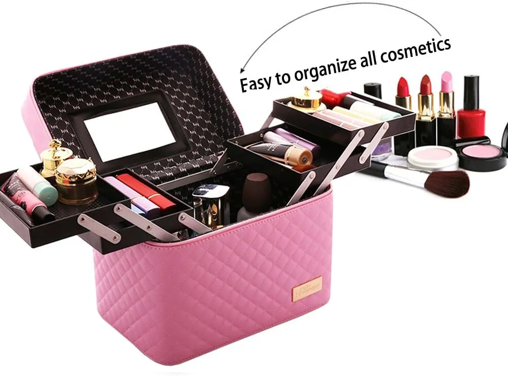 Sooyee Makeup Bag Cosmetic Bags with Mirror, Makeup Organizer 4 Layer Foldable Tray Open to The Sides,Makeup Travel Bag for Women,Makeup Box Train Case,Pink
