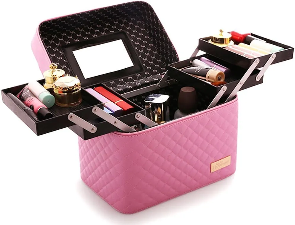 Sooyee Makeup Bag Cosmetic Bags with Mirror, Makeup Organizer 4 Layer Foldable Tray Open to The Sides,Makeup Travel Bag for Women,Makeup Box Train Case,Pink