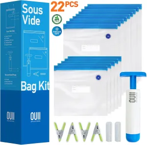 Sous Vide Bags for Joule and Anova Cookers - 15 Reusable BPA-Free Sous Vide Bags with Vacuum Hand Pump in Various Sizes -Vacuum Sealer Bags Food Storage Freezer Safe - Fits Any Sous Vide Machine