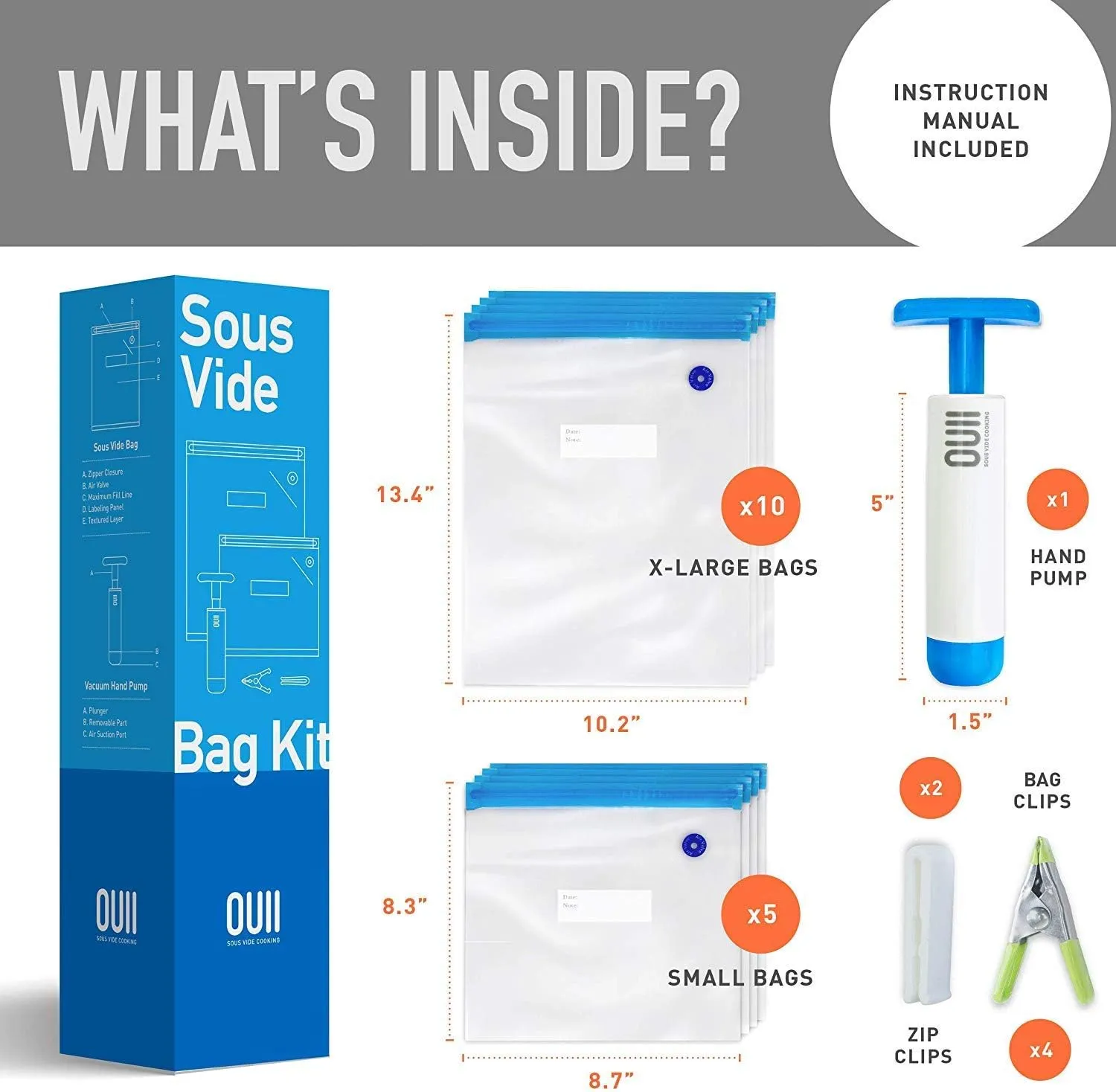 Sous Vide Bags for Joule and Anova Cookers - 15 Reusable BPA-Free Sous Vide Bags with Vacuum Hand Pump in Various Sizes -Vacuum Sealer Bags Food Storage Freezer Safe - Fits Any Sous Vide Machine