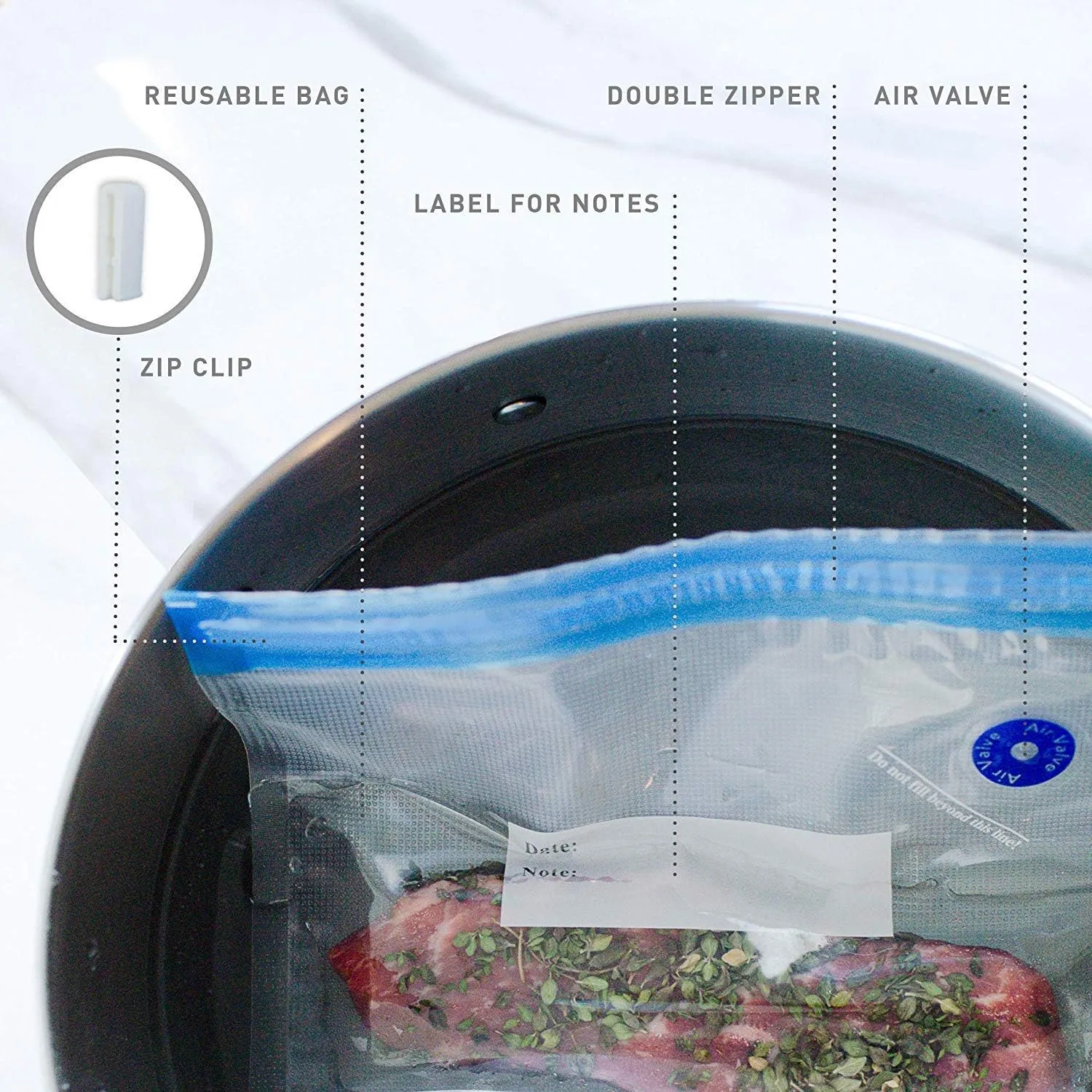 Sous Vide Bags for Joule and Anova Cookers - 15 Reusable BPA-Free Sous Vide Bags with Vacuum Hand Pump in Various Sizes -Vacuum Sealer Bags Food Storage Freezer Safe - Fits Any Sous Vide Machine