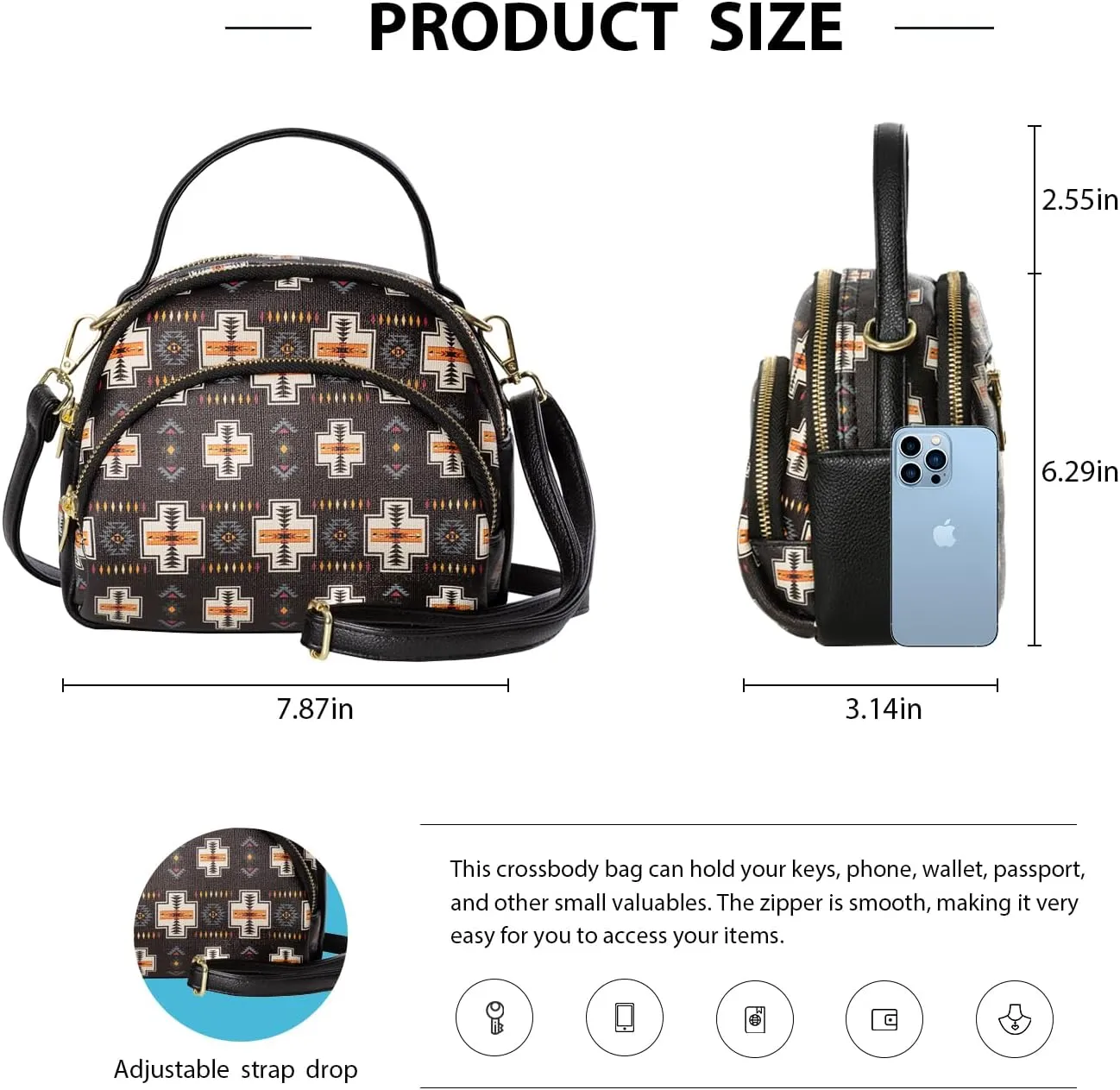 Southwest Crossbody Bags For Women, Handbags, Shoulder Bag, Purse, Pu Leather, With Adjustable Strap