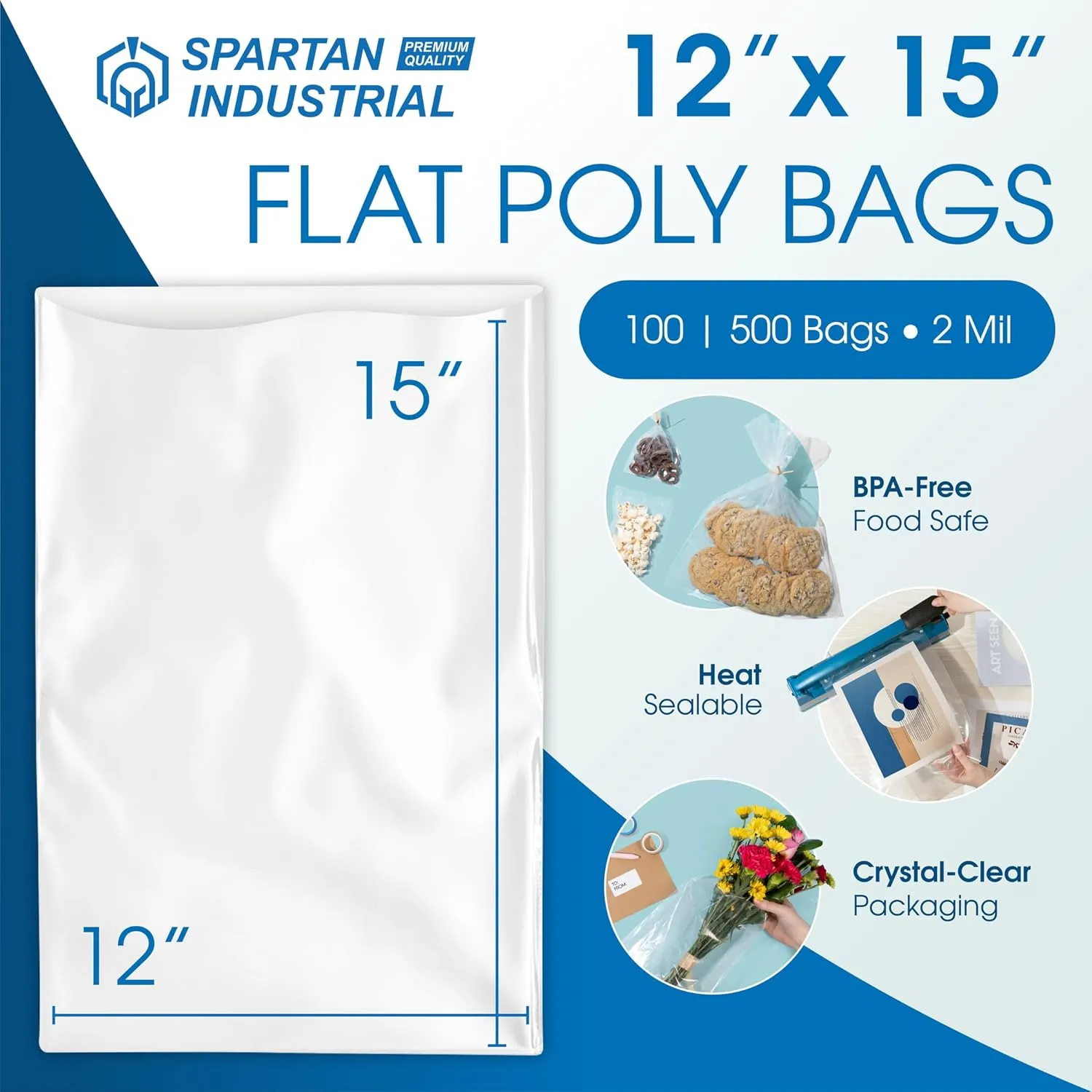 SPARTAN INDUSTRIAL - 12” X 15” (100 Count) 2 Mil Heavy Duty Flat Open End Clear Plastic Poly Bags - For Packaging Electronics, Documents, Sweaters (Bags DO NOT Have Seal & DO NOT Have Prints)