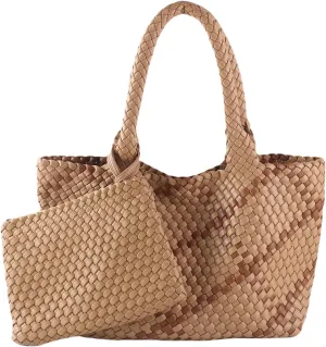 SporGenius Woven Tote Bag for Women, Vegan Leather Beach Bags with Small Purse, Large Travel Top Handle Handbags