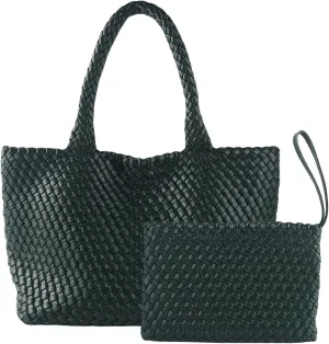 SporGenius Woven Tote Bag for Women, Vegan Leather Beach Bags with Small Purse, Large Travel Top Handle Handbags