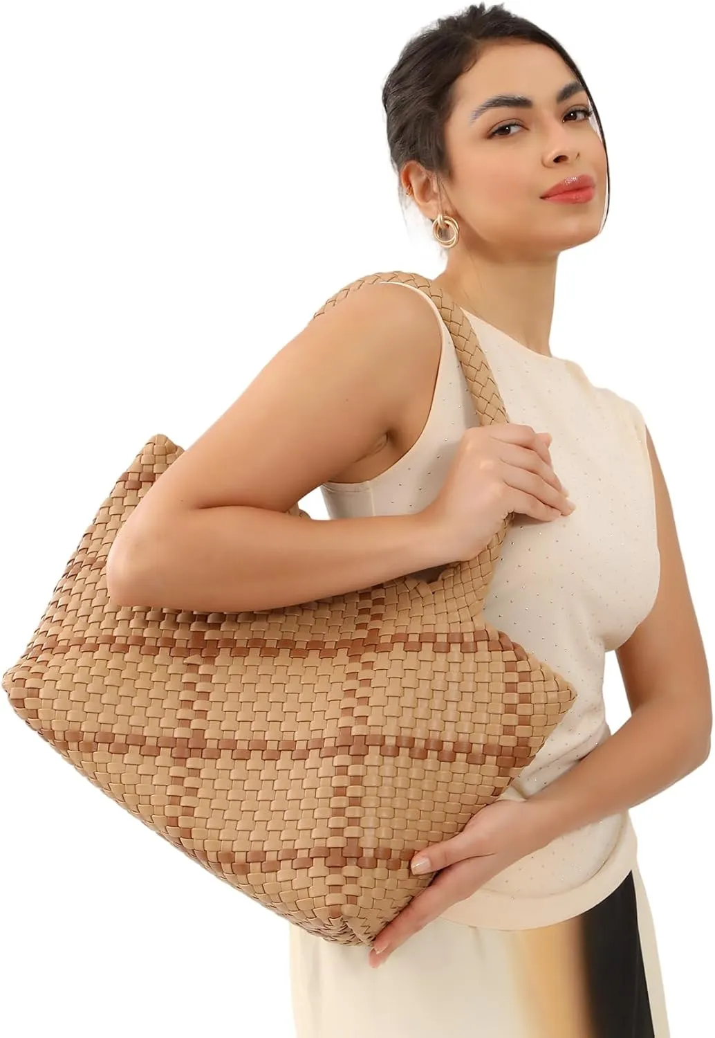 SporGenius Woven Tote Bag for Women, Vegan Leather Beach Bags with Small Purse, Large Travel Top Handle Handbags