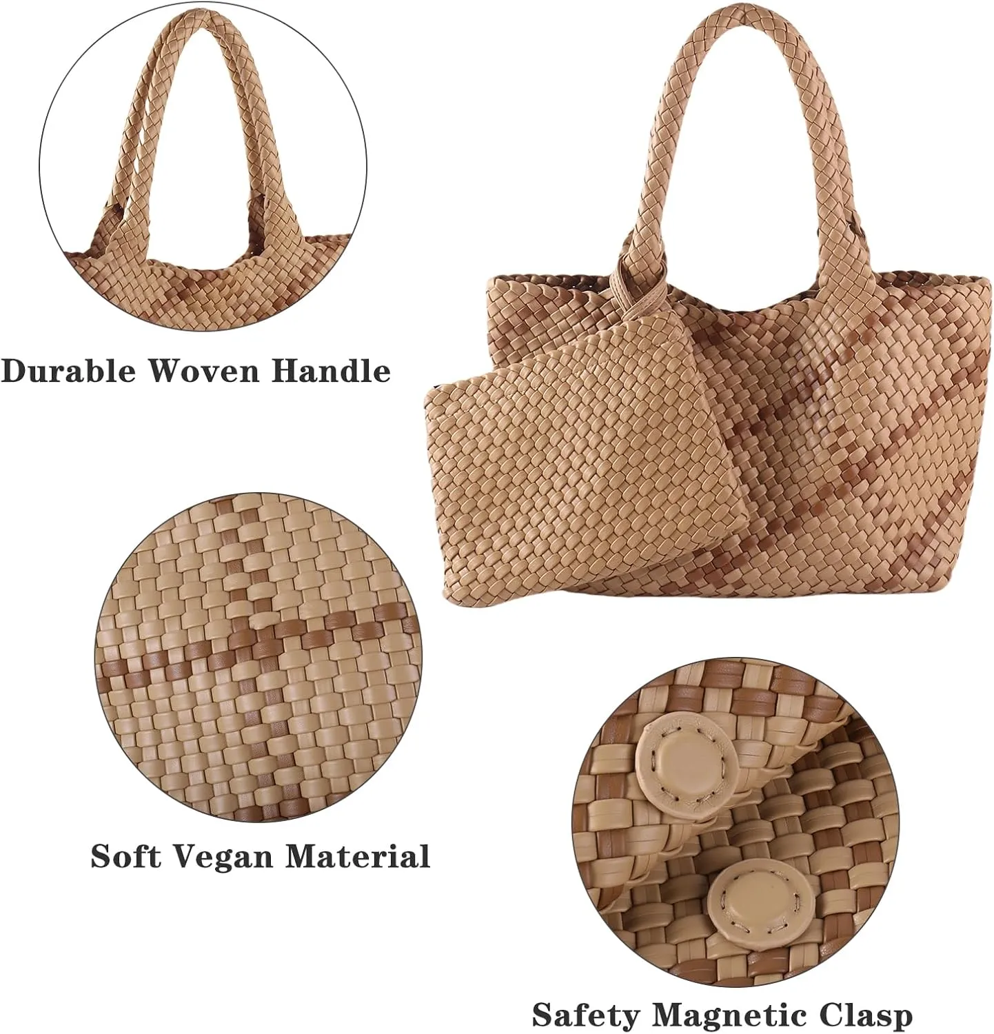 SporGenius Woven Tote Bag for Women, Vegan Leather Beach Bags with Small Purse, Large Travel Top Handle Handbags