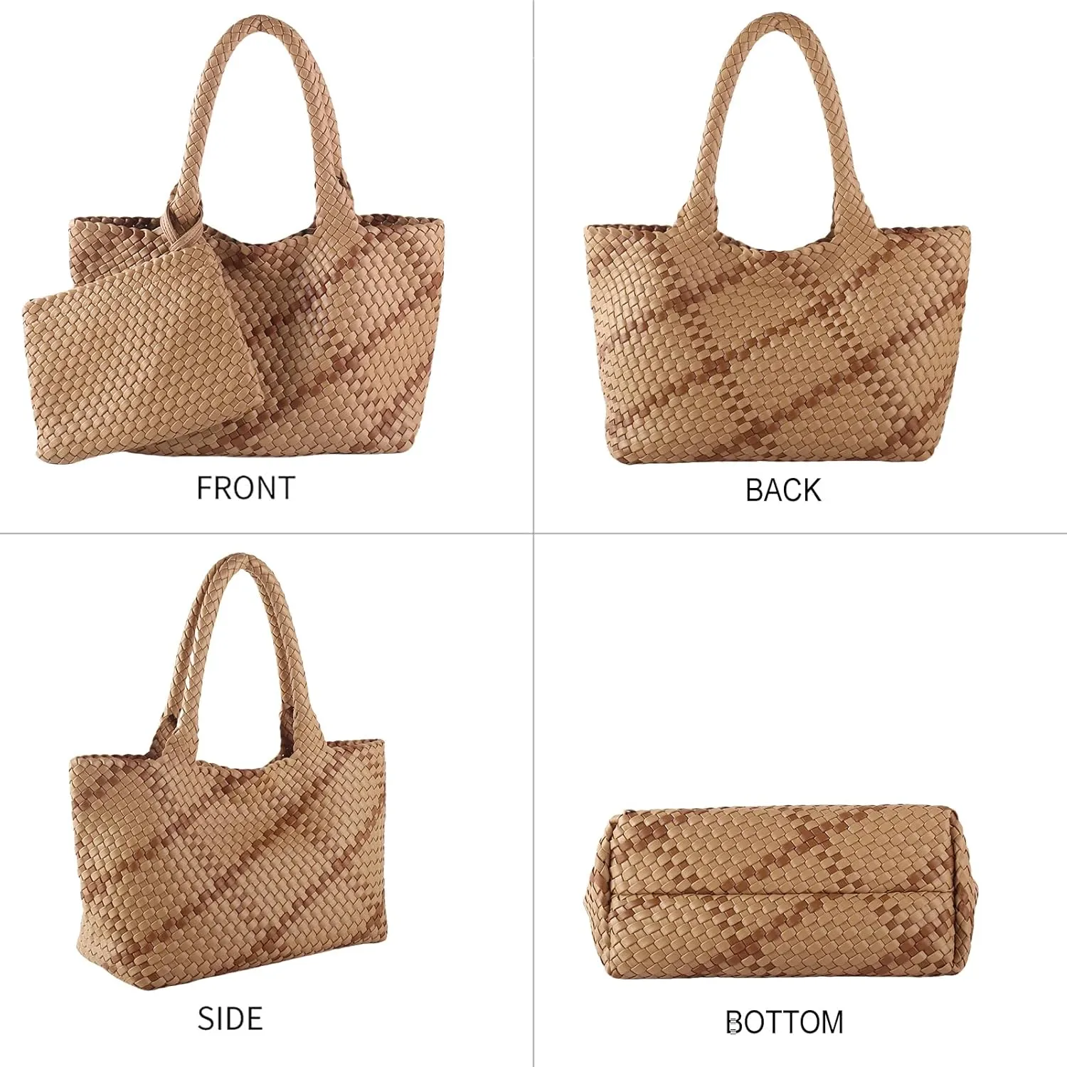 SporGenius Woven Tote Bag for Women, Vegan Leather Beach Bags with Small Purse, Large Travel Top Handle Handbags