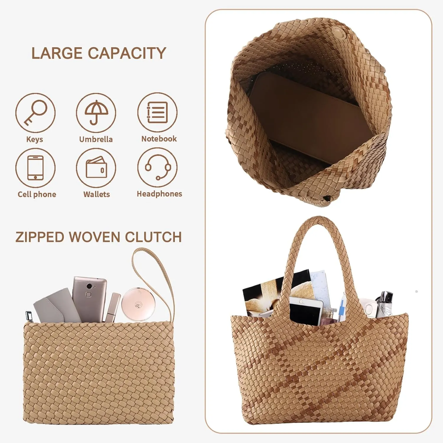 SporGenius Woven Tote Bag for Women, Vegan Leather Beach Bags with Small Purse, Large Travel Top Handle Handbags
