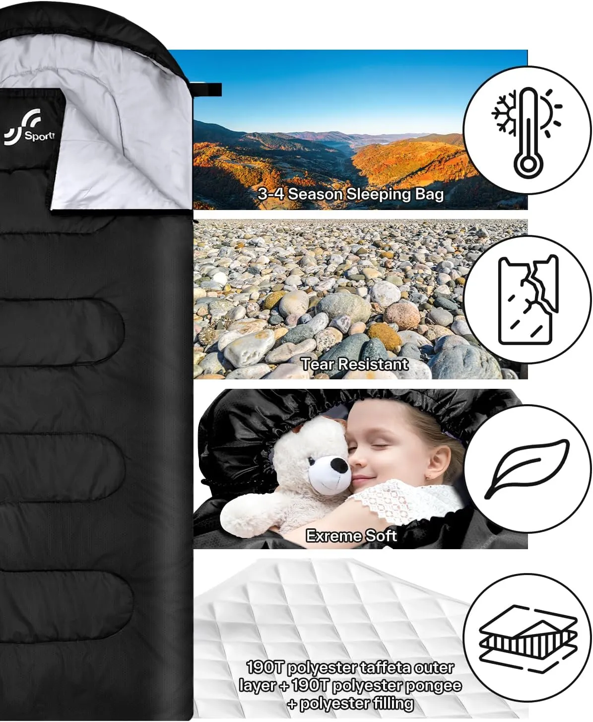 Sportneer Sleeping Bags for Adults, Warm & Cold Weather Sleeping Bag for Adults Kids Boys Girls - Lightweight Compact Camping Gear Equipment, Traveling, Backpacking, Hiking