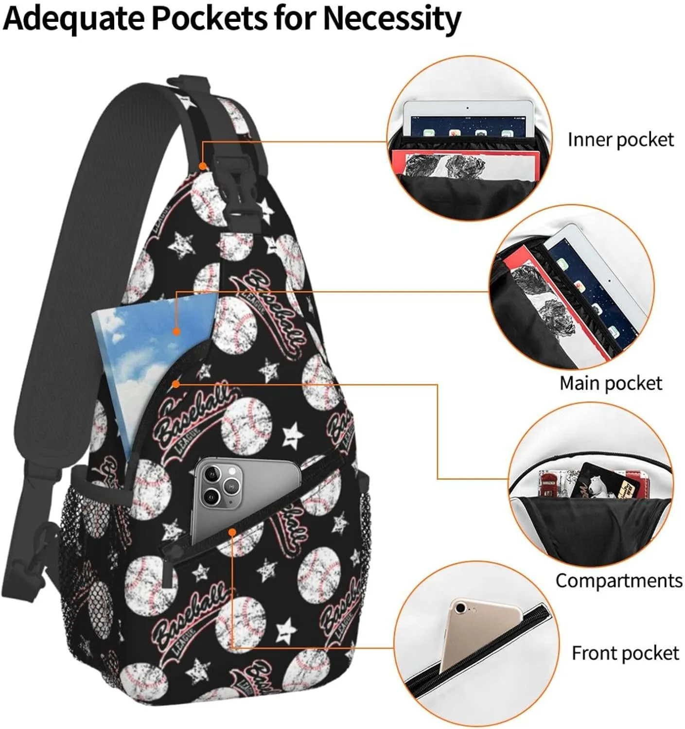 Sports Baseball Ball Chest Bags Crossbody Sling Bag Shoulder Bag Travel Hiking Daypack For Men Women