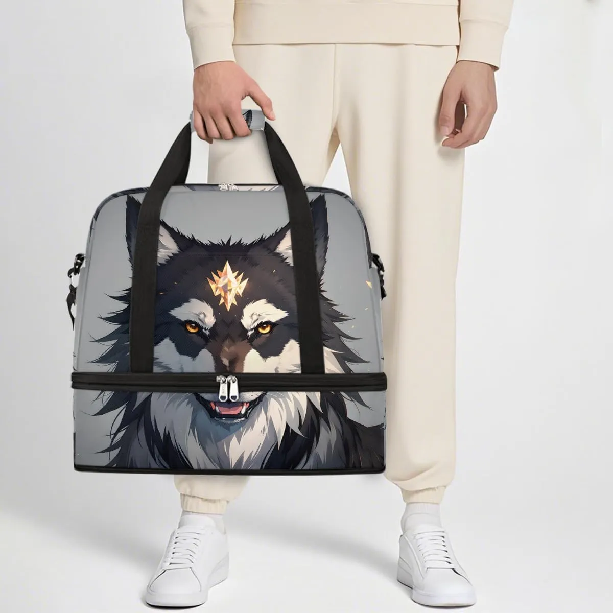 Sports Gym Bag Animal Wolf Cute Large Travel Duffel Bag With Shoe Compartment Foldable Waterproof Carry-On Weekend Travel Bags for Camping Overnight Yoga Hospital Travel Bags
