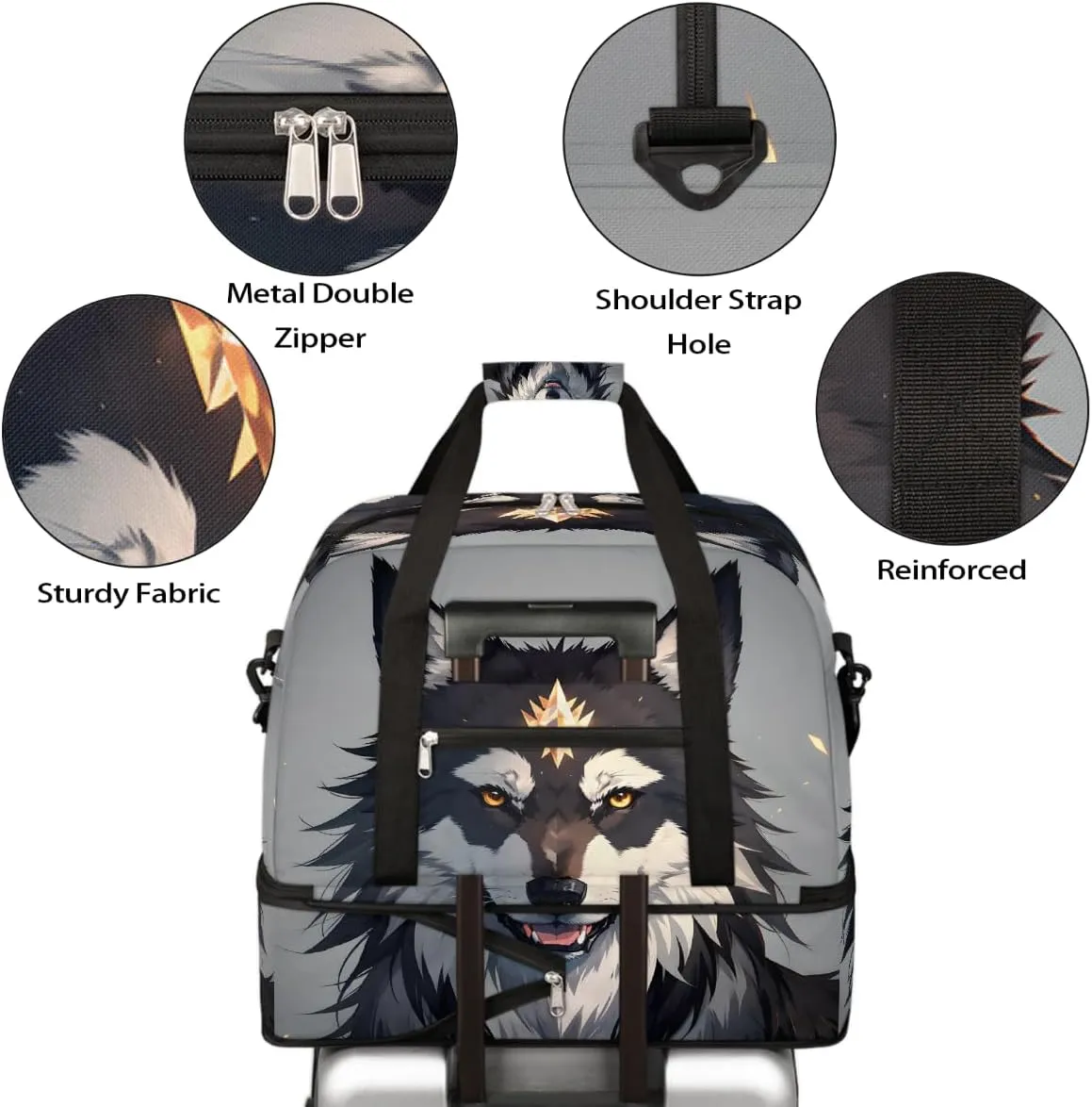 Sports Gym Bag Animal Wolf Cute Large Travel Duffel Bag With Shoe Compartment Foldable Waterproof Carry-On Weekend Travel Bags for Camping Overnight Yoga Hospital Travel Bags