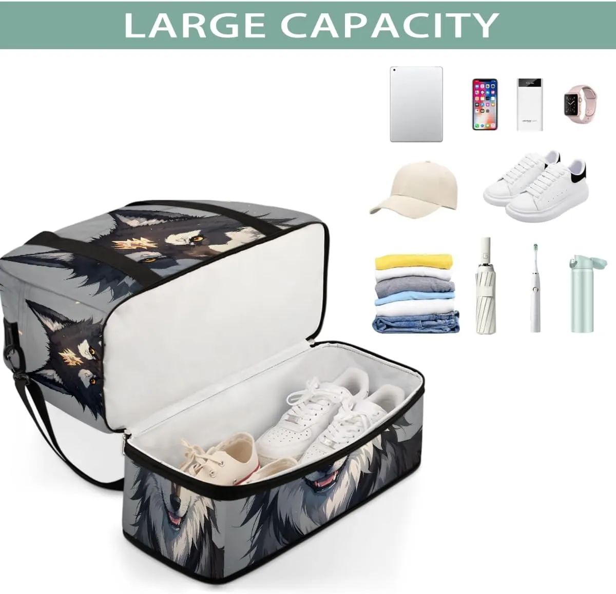 Sports Gym Bag Animal Wolf Cute Large Travel Duffel Bag With Shoe Compartment Foldable Waterproof Carry-On Weekend Travel Bags for Camping Overnight Yoga Hospital Travel Bags
