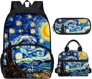 Starry Night School Backpack for Boys Girls 8-12 Middle School Bags Set With Lunch Box Pencil Case 3 In 1 Galaxy Bookbags 5Th-7Th Grade 15.6 Inch Bookbag Casual Travel Daypack Blue