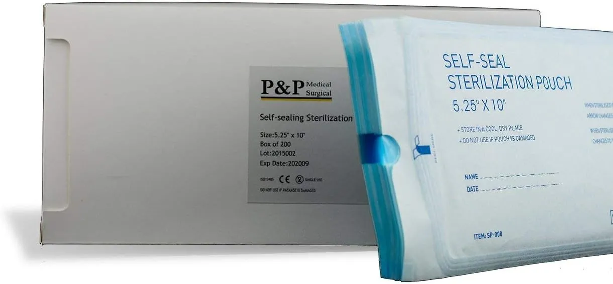 Sterilization Pouches 5.25”x10” Self-Sealing Autoclave Bags with Indicators for Professional Surgical Instrument Cleaning by P&P MEDICAL SURGICAL Box of 200