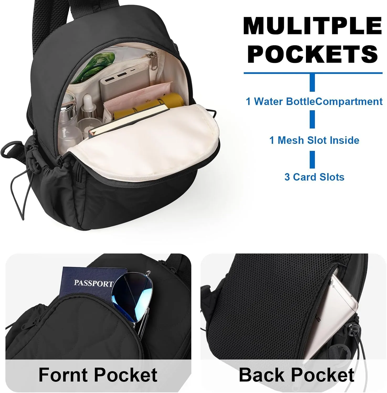 Stylish Sling Bag for Women – Versatile Crossbody Backpack with Adjustable Strap, Lightweight Shoulder Bag for Travel, Hiking & Sports(Black-Large)