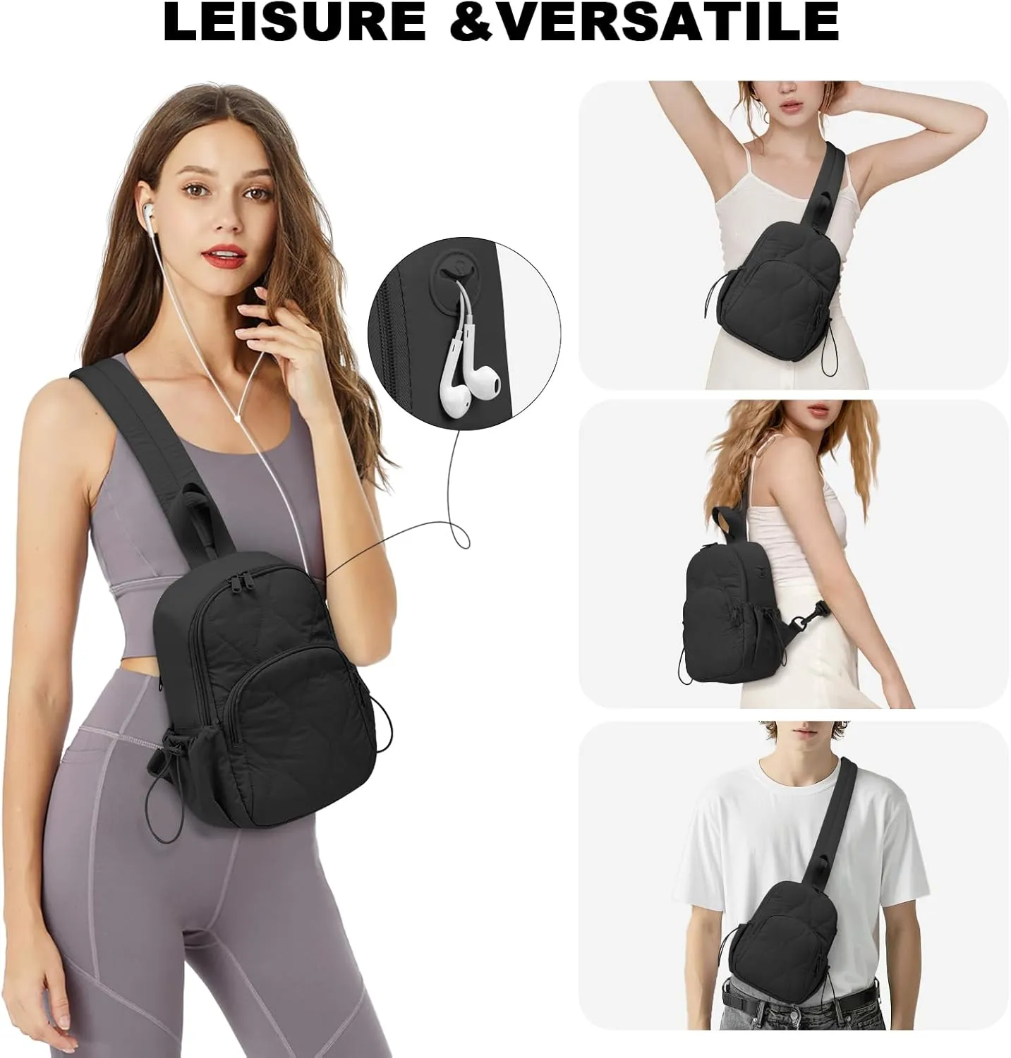 Stylish Sling Bag for Women – Versatile Crossbody Backpack with Adjustable Strap, Lightweight Shoulder Bag for Travel, Hiking & Sports(Black-Large)