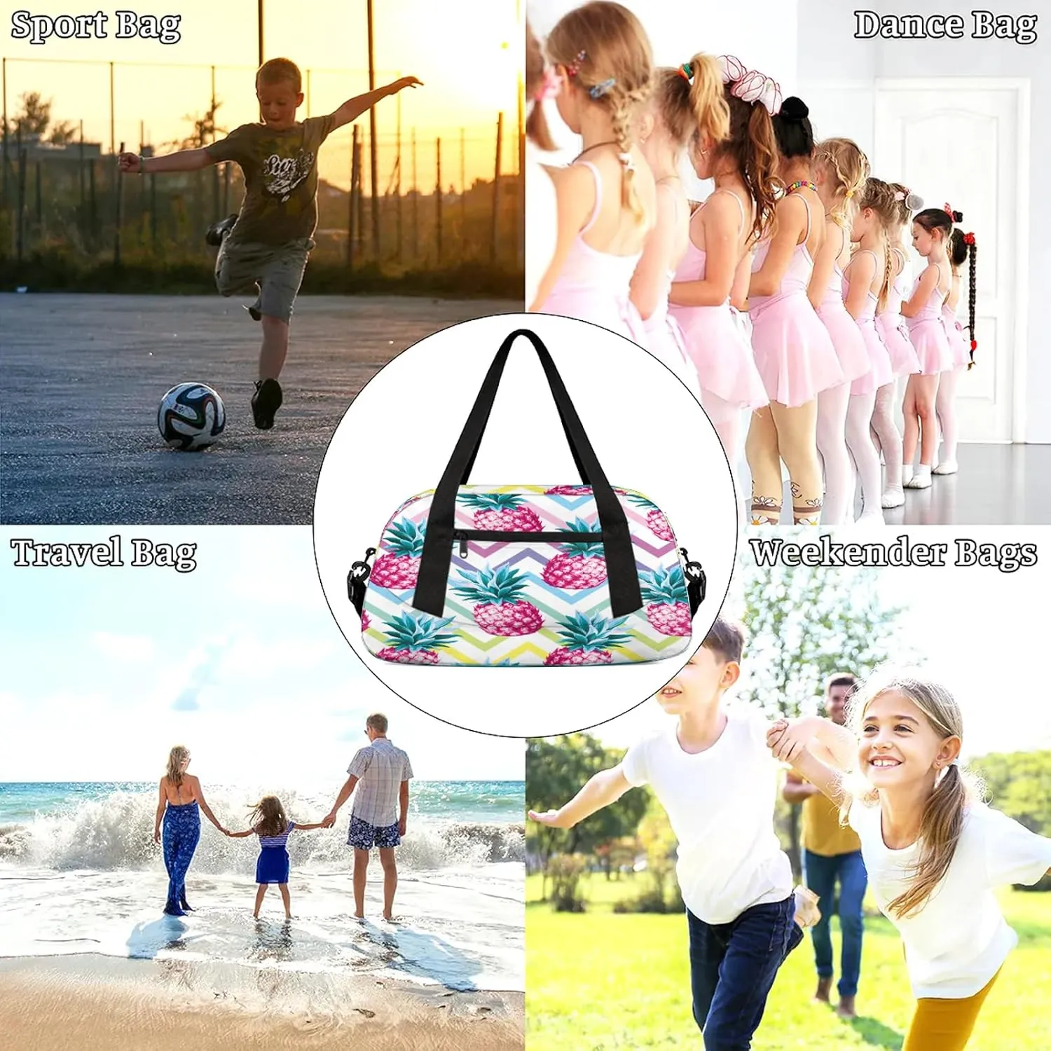 Summer Fruits Pineapples Kids Duffel Bag Lightweight Waterproof Sports Gym Bag with Front Zipper Pocket Foldable Weekender Overnight Bag for School Practice Gymnastic Ballet