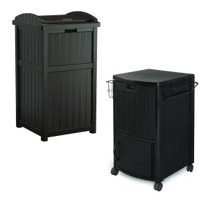 Suncast 33 Gal Hideaway Plastic Outdoor Backyard Garbage Can with Secure Lid, Brown and 77 Quart Resin Wicker Patio Cooler with Cabinet & Wire Basket