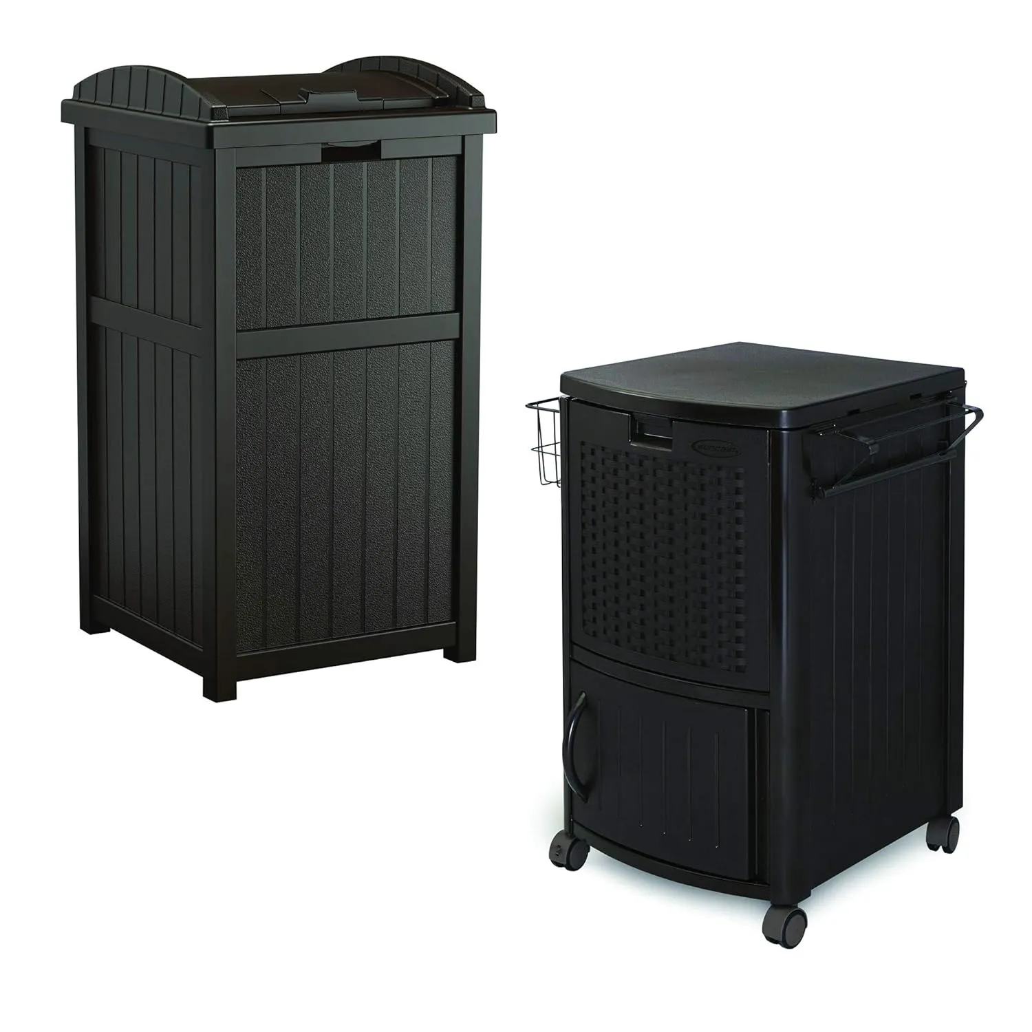 Suncast 33 Gal Hideaway Plastic Outdoor Backyard Garbage Can with Secure Lid, Brown and 77 Quart Resin Wicker Patio Cooler with Cabinet & Wire Basket