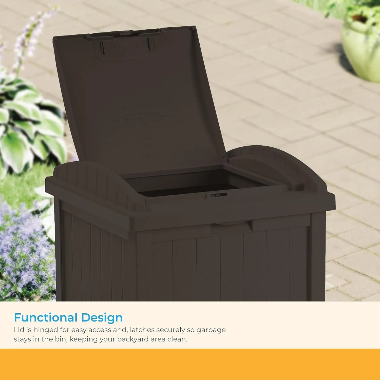 Suncast 33 Gallon Durable Plastic Hideaway Outdoor Garbage Can with Secure Lid and Wicker Design for Home Backyards, Decks, or Patios, Java Brown