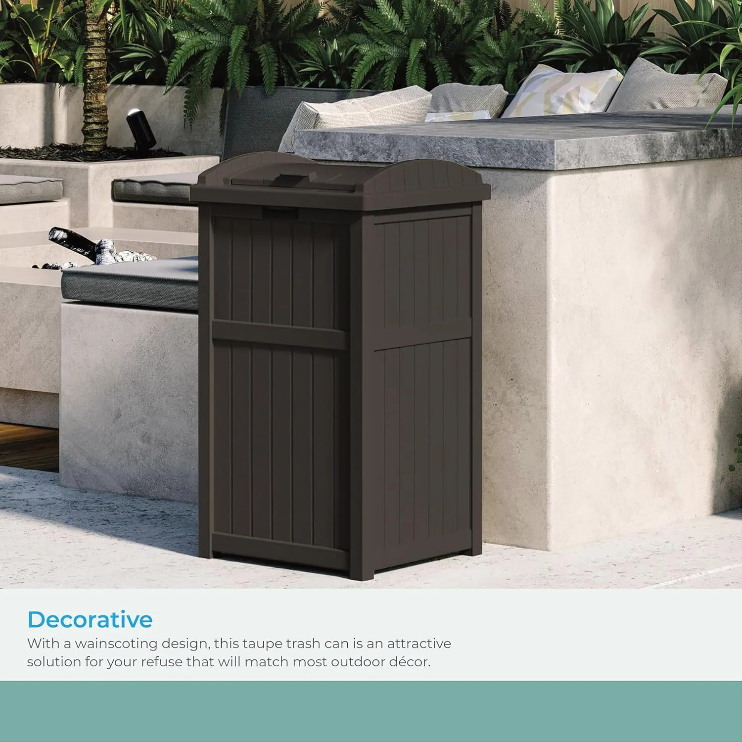 Suncast 33 Gallon Durable Plastic Hideaway Outdoor Garbage Can with Secure Lid and Wicker Design for Home Backyards, Decks, or Patios, Java Brown