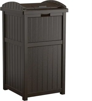 Suncast 33 Gallon Durable Plastic Hideaway Outdoor Garbage Can with Secure Lid and Wicker Design for Home Backyards, Decks, or Patios, Java Brown