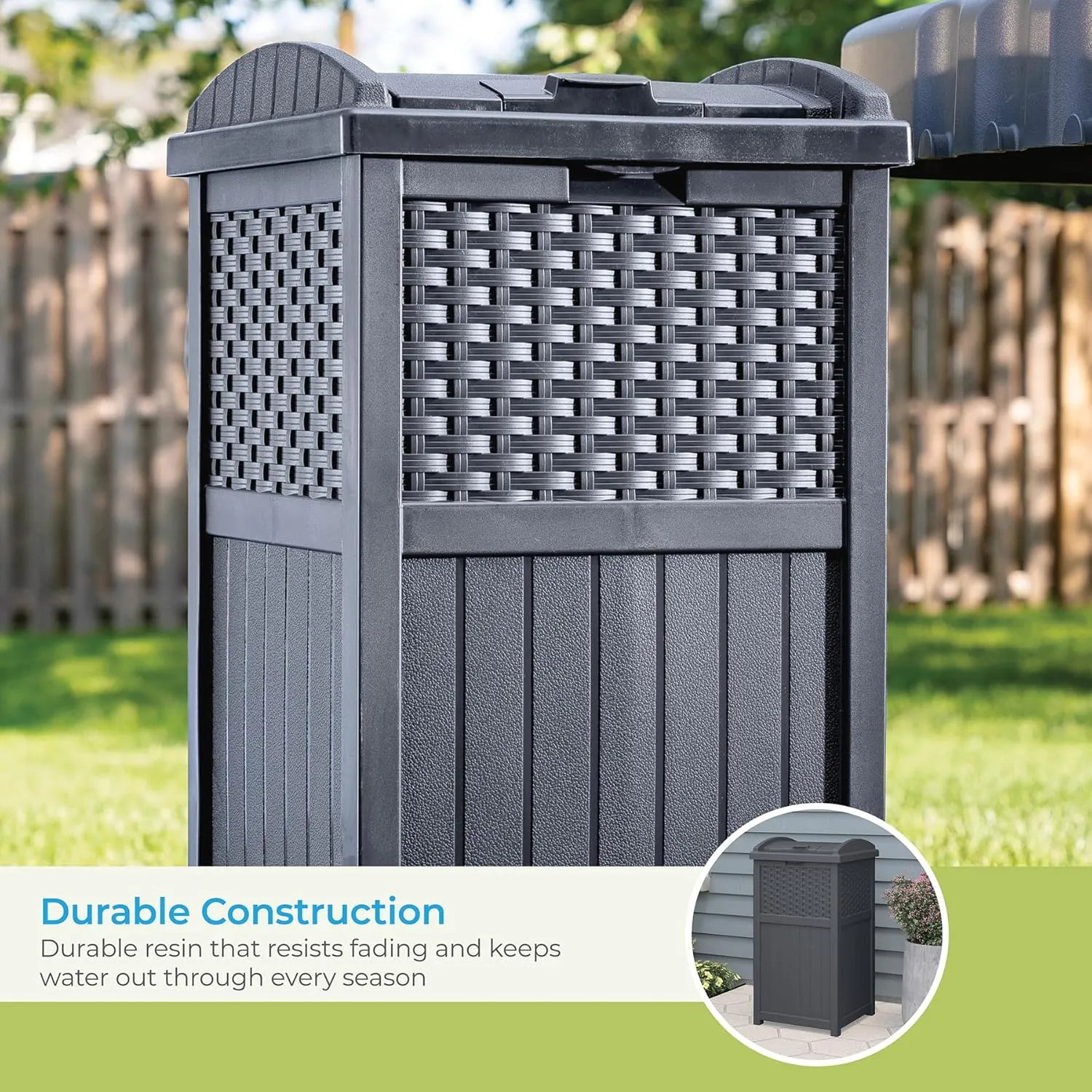 Suncast 33 Gallon Wicker-Style Hideaway Trash Can with Secure Latching Lid and Weather-Resistant Construction for Patio, Cyberspace Grey, Made in the USA