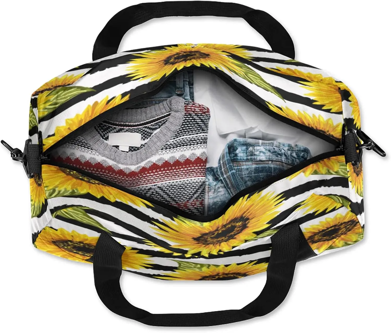 Sunflower Stripes Pattern Kids Duffel Bag Lightweight Waterproof Sports Gym Bag with Front Zipper Pocket Foldable Weekender Overnight Bag for School Practice Gymnastic Ballet