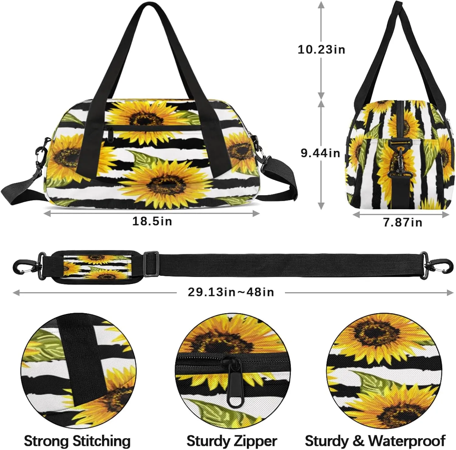 Sunflower Stripes Pattern Kids Duffel Bag Lightweight Waterproof Sports Gym Bag with Front Zipper Pocket Foldable Weekender Overnight Bag for School Practice Gymnastic Ballet