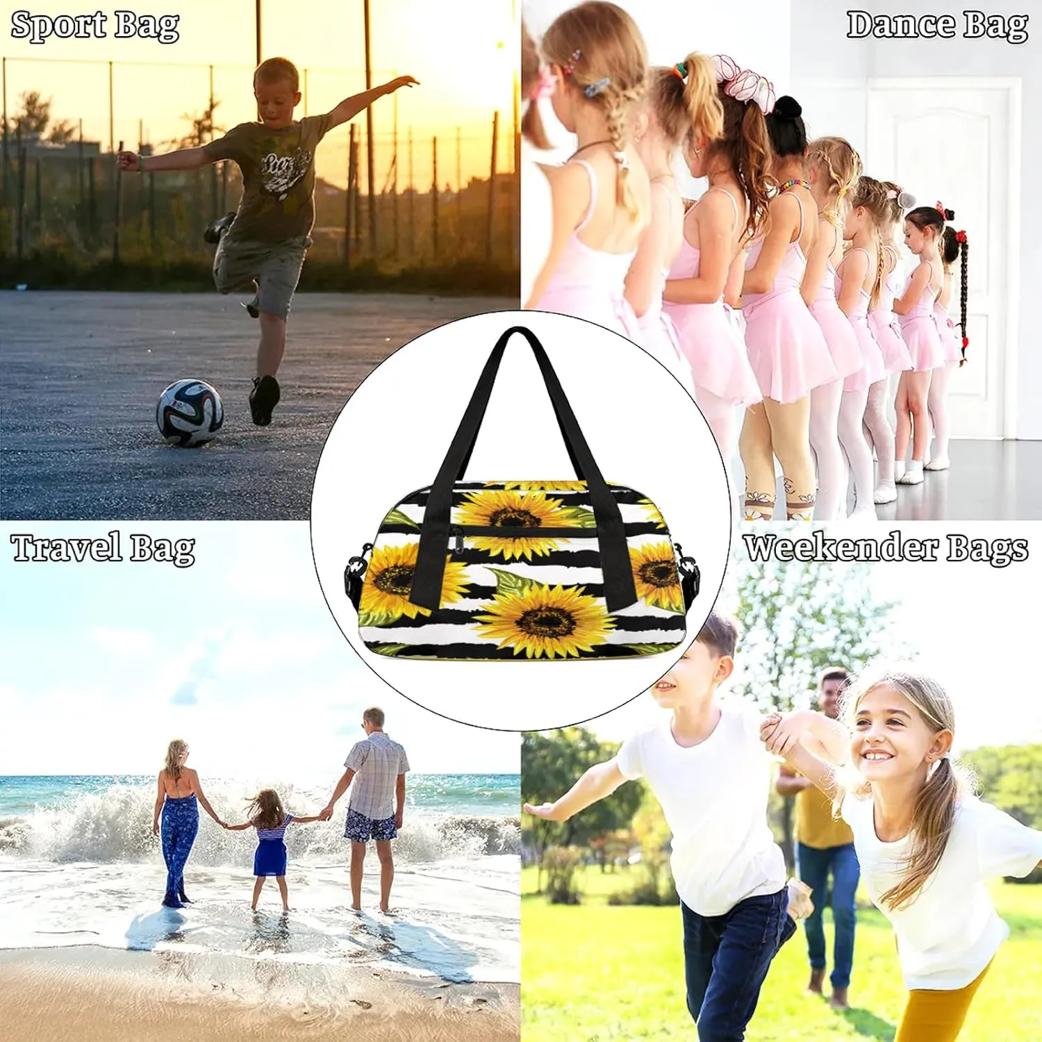 Sunflower Stripes Pattern Kids Duffel Bag Lightweight Waterproof Sports Gym Bag with Front Zipper Pocket Foldable Weekender Overnight Bag for School Practice Gymnastic Ballet
