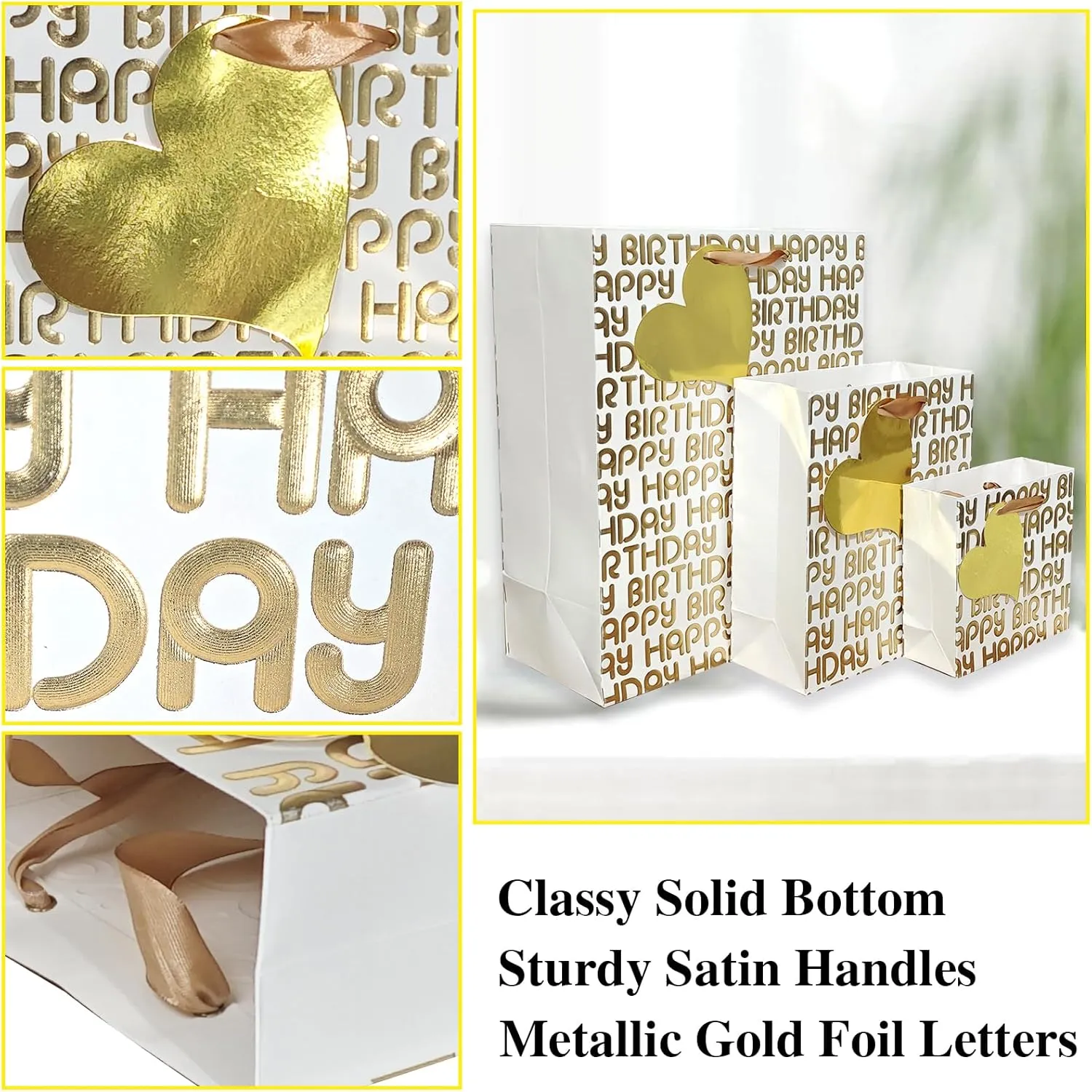 suosicn 6 Pack White Birthday Gift Bags with Handles, Assorted Sizes Metallic Letters Gift Bags and 8 Pcs Tissue Paper for Birthday Favor,Anniversary,Celebrations and Any Occasions