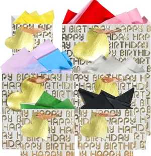 suosicn 6 Pack White Birthday Gift Bags with Handles, Assorted Sizes Metallic Letters Gift Bags and 8 Pcs Tissue Paper for Birthday Favor,Anniversary,Celebrations and Any Occasions