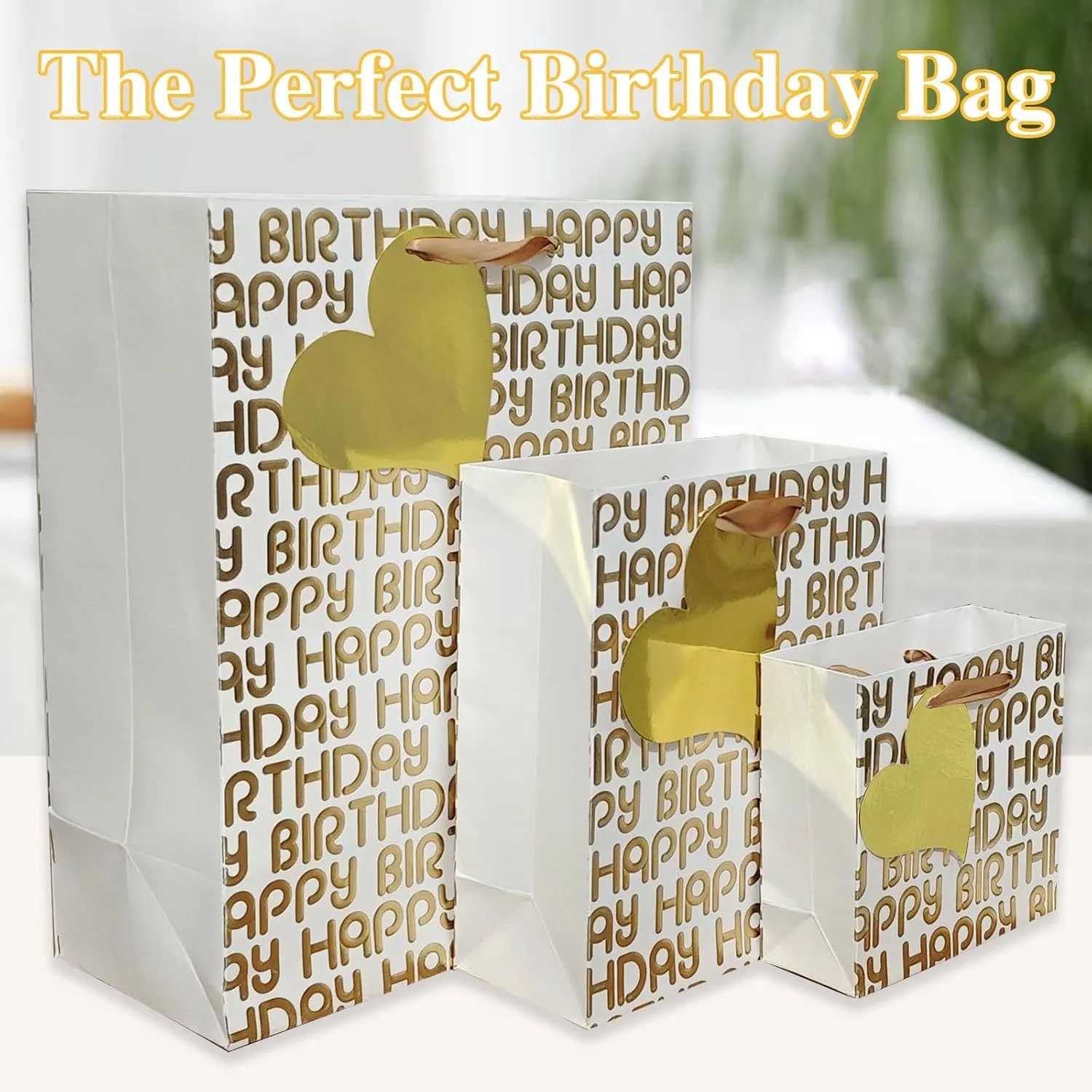 suosicn 6 Pack White Birthday Gift Bags with Handles, Assorted Sizes Metallic Letters Gift Bags and 8 Pcs Tissue Paper for Birthday Favor,Anniversary,Celebrations and Any Occasions