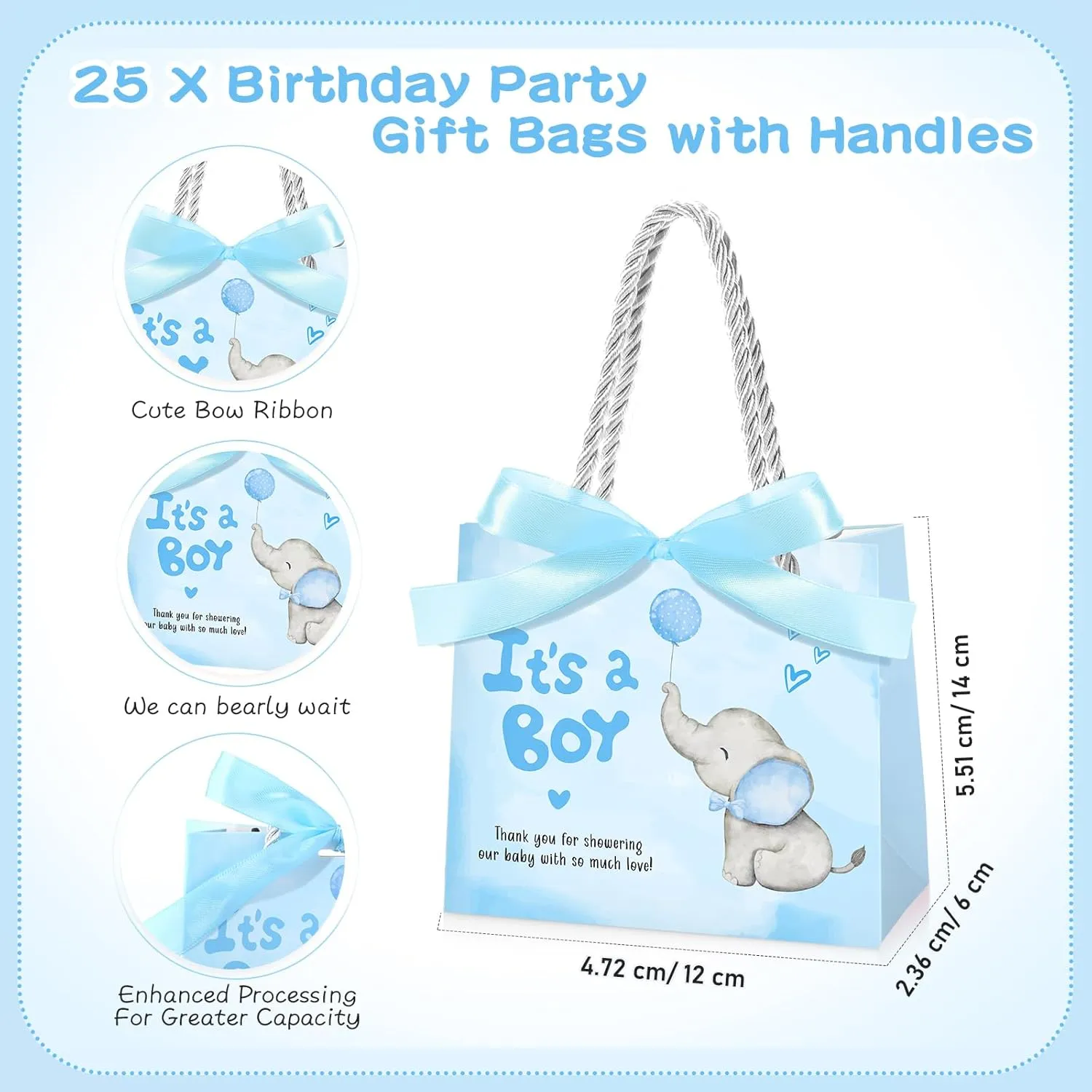 Supervitae 25 Packs Elephant Baby Shower Gifts Bag with Handles Party Favor for Guests It's a Boy Paper Goodie Gift Bag with Ribbon for Baby Shower Gender Reveal Party Supplies (Blue)