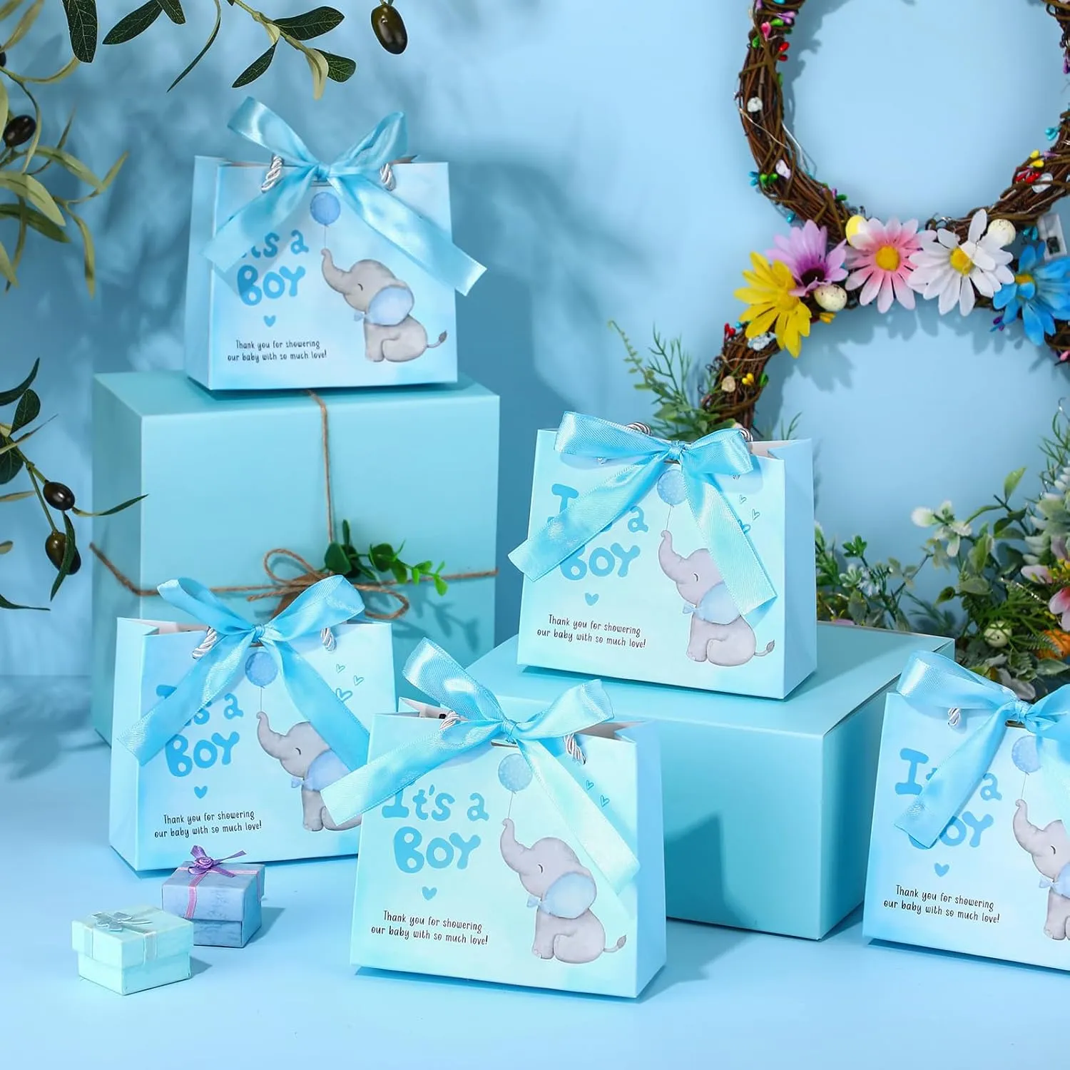 Supervitae 25 Packs Elephant Baby Shower Gifts Bag with Handles Party Favor for Guests It's a Boy Paper Goodie Gift Bag with Ribbon for Baby Shower Gender Reveal Party Supplies (Blue)