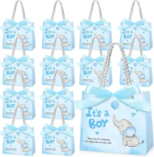 Supervitae 25 Packs Elephant Baby Shower Gifts Bag with Handles Party Favor for Guests It's a Boy Paper Goodie Gift Bag with Ribbon for Baby Shower Gender Reveal Party Supplies (Blue)
