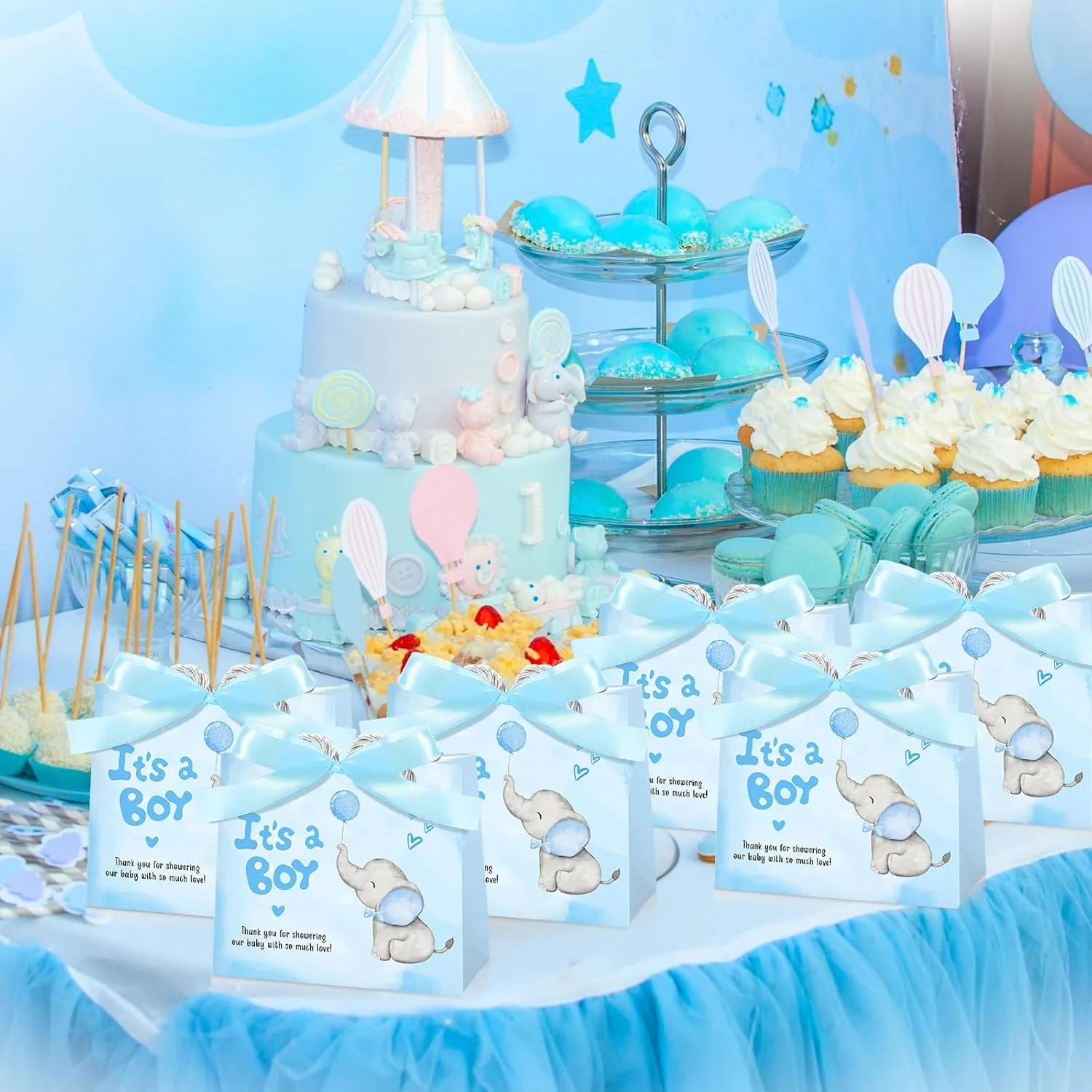 Supervitae 25 Packs Elephant Baby Shower Gifts Bag with Handles Party Favor for Guests It's a Boy Paper Goodie Gift Bag with Ribbon for Baby Shower Gender Reveal Party Supplies (Blue)