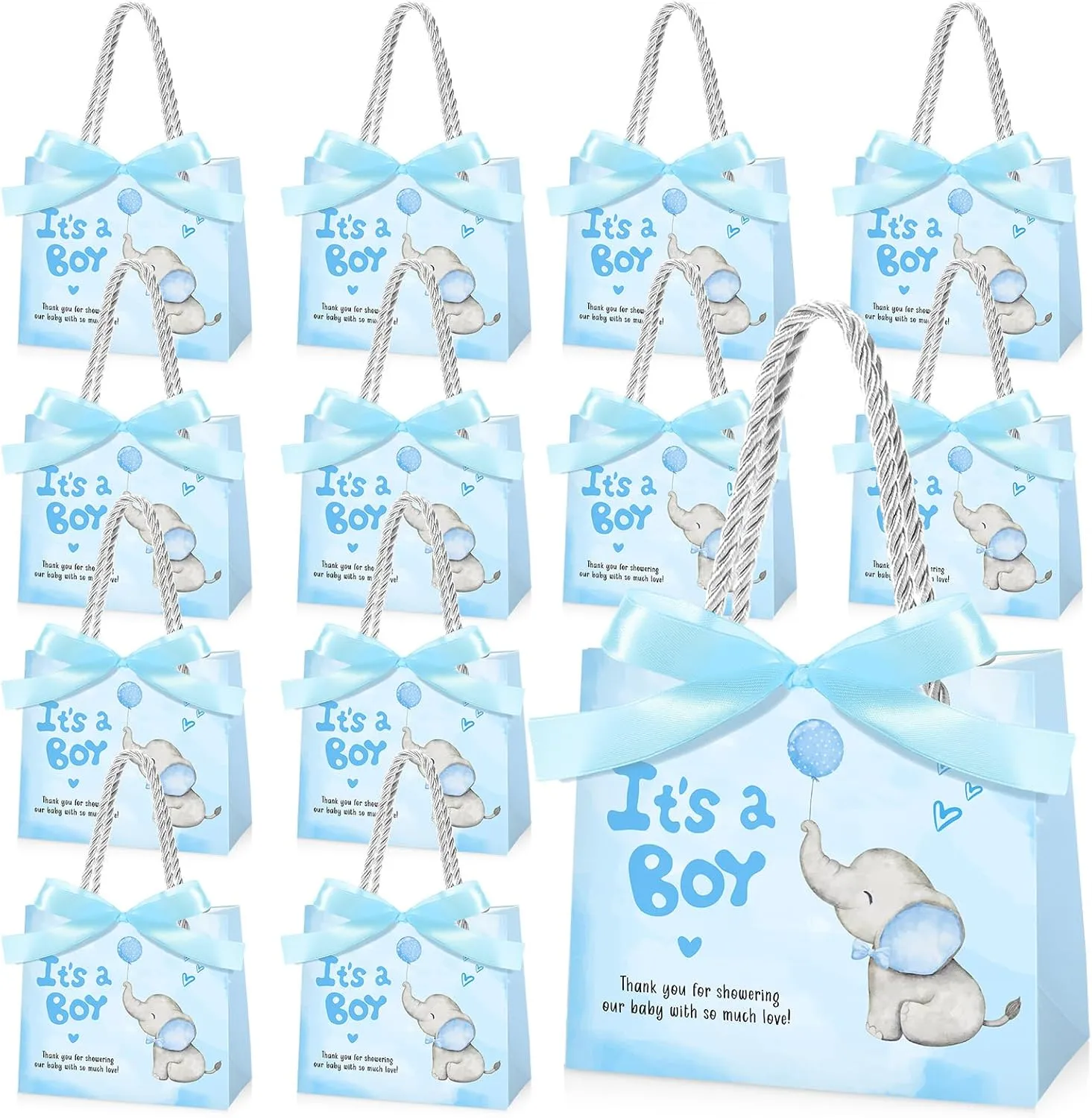 Supervitae 25 Packs Elephant Baby Shower Gifts Bag with Handles Party Favor for Guests It's a Boy Paper Goodie Gift Bag with Ribbon for Baby Shower Gender Reveal Party Supplies (Blue)