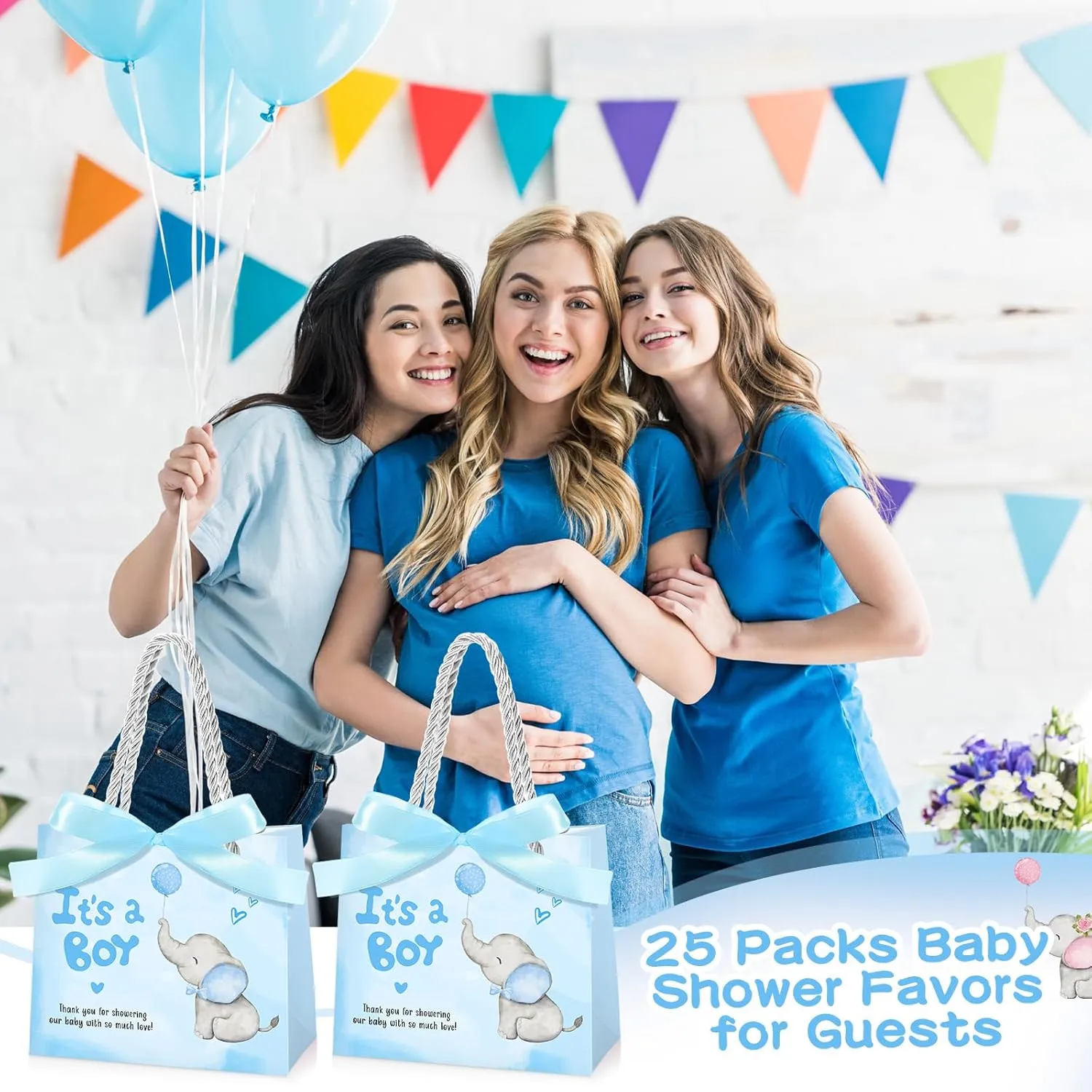 Supervitae 25 Packs Elephant Baby Shower Gifts Bag with Handles Party Favor for Guests It's a Boy Paper Goodie Gift Bag with Ribbon for Baby Shower Gender Reveal Party Supplies (Blue)