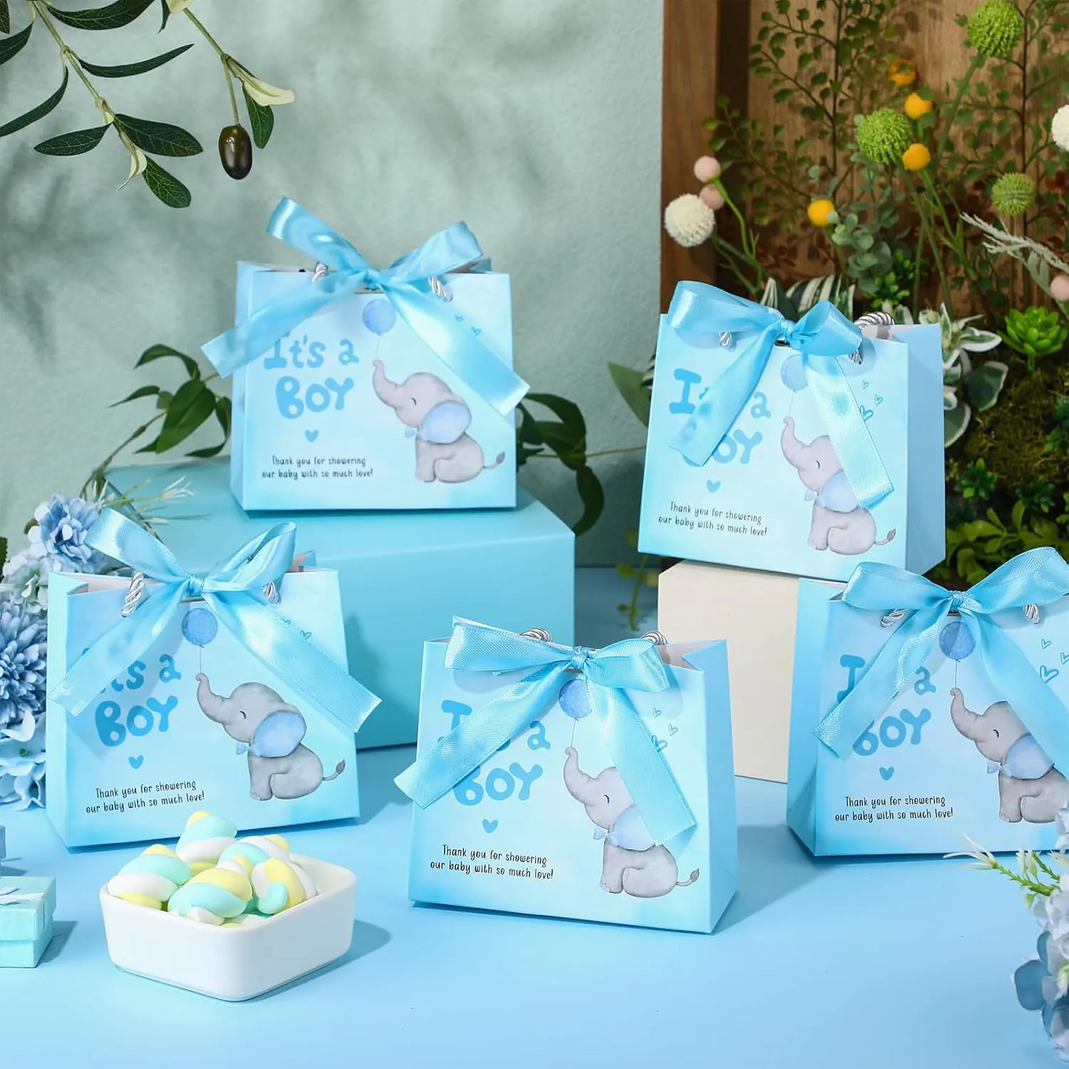 Supervitae 25 Packs Elephant Baby Shower Gifts Bag with Handles Party Favor for Guests It's a Boy Paper Goodie Gift Bag with Ribbon for Baby Shower Gender Reveal Party Supplies (Blue)