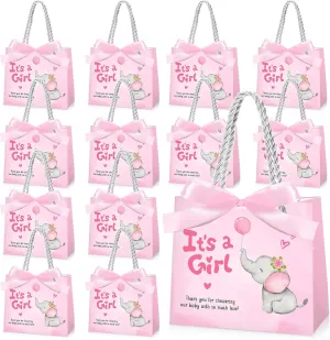 Supervitae 25 Packs Elephant Baby Shower Gifts Bag with Handles Party Favor for Guests It's a Girl Paper Goodie Gift Bag with Ribbon for Baby Shower Gender Reveal Party Supplies (Pink)