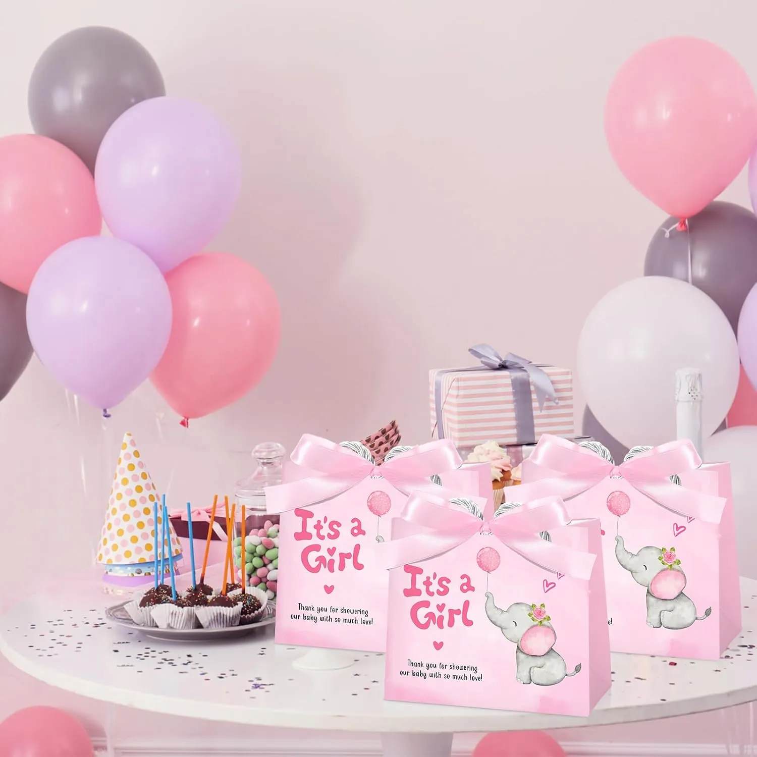 Supervitae 25 Packs Elephant Baby Shower Gifts Bag with Handles Party Favor for Guests It's a Girl Paper Goodie Gift Bag with Ribbon for Baby Shower Gender Reveal Party Supplies (Pink)