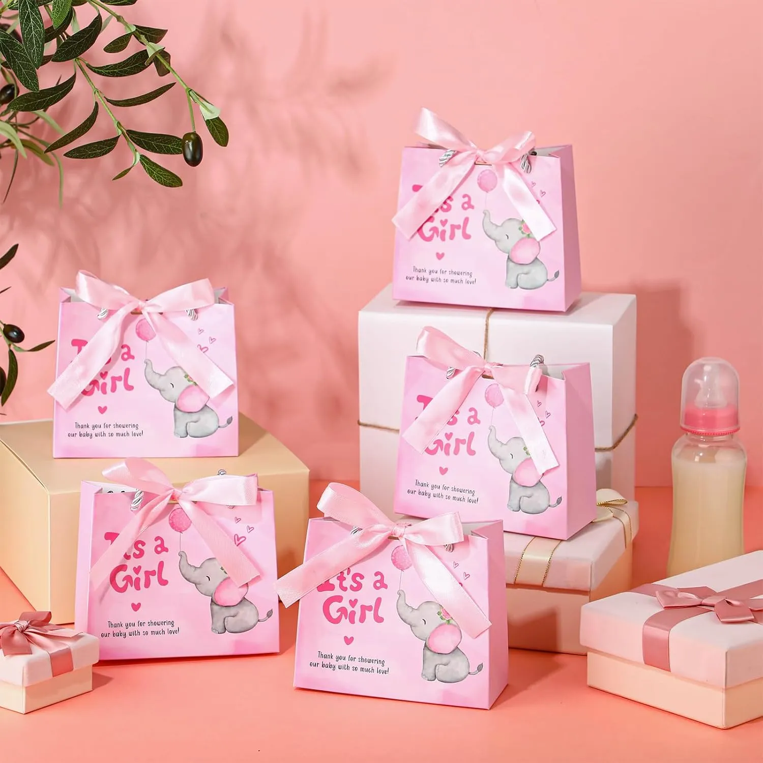 Supervitae 25 Packs Elephant Baby Shower Gifts Bag with Handles Party Favor for Guests It's a Girl Paper Goodie Gift Bag with Ribbon for Baby Shower Gender Reveal Party Supplies (Pink)