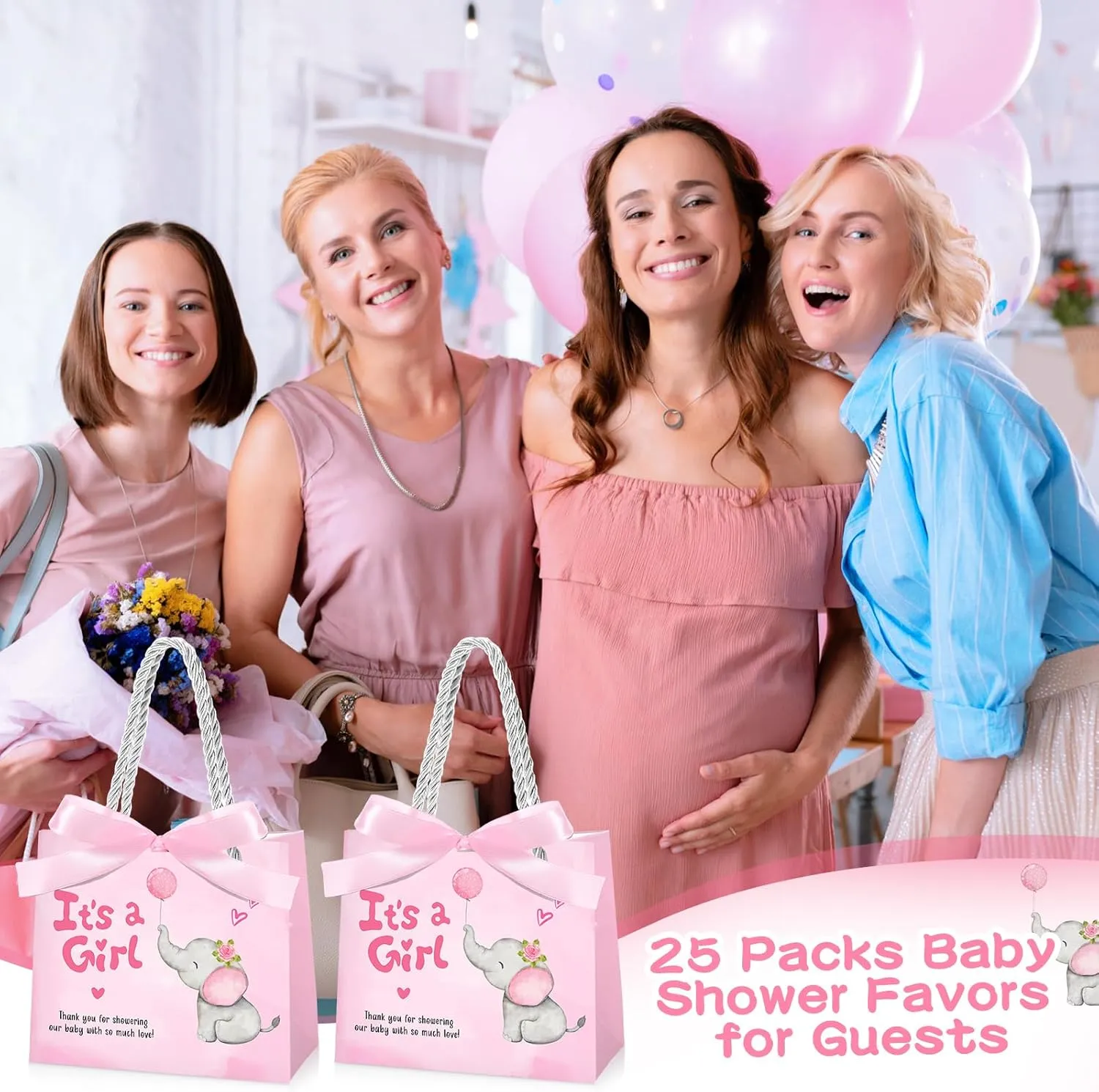 Supervitae 25 Packs Elephant Baby Shower Gifts Bag with Handles Party Favor for Guests It's a Girl Paper Goodie Gift Bag with Ribbon for Baby Shower Gender Reveal Party Supplies (Pink)