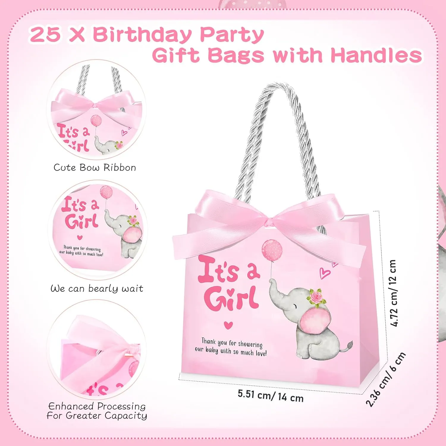Supervitae 25 Packs Elephant Baby Shower Gifts Bag with Handles Party Favor for Guests It's a Girl Paper Goodie Gift Bag with Ribbon for Baby Shower Gender Reveal Party Supplies (Pink)