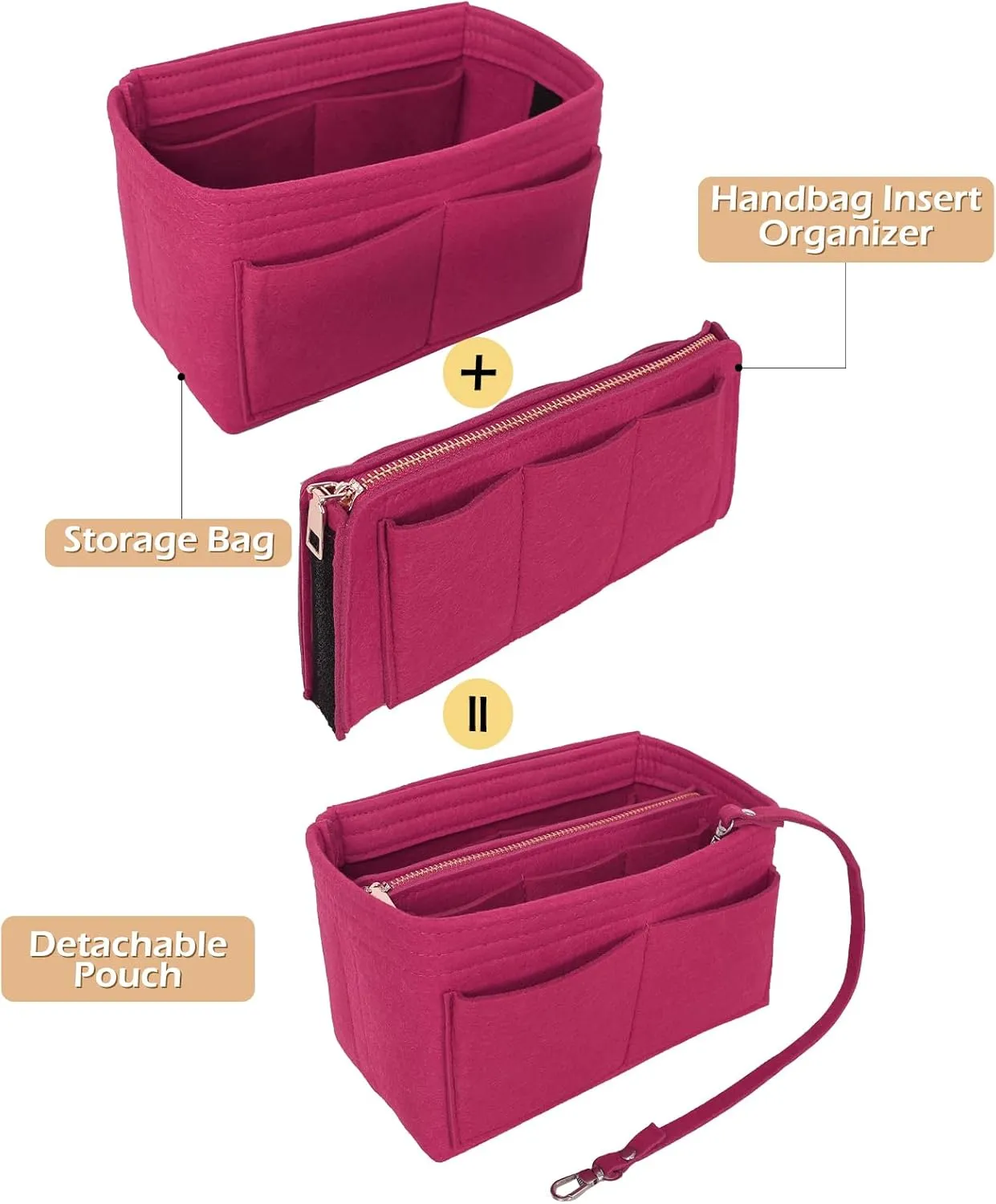 Surblue Purse Organizer Insert for Handbags, Felt Bag Organizer, Tote Bag Organizer, Tote Shaper Insert With Zippers, Thicken and Portable Handbag in Bag for Speedy Neverfull PM MM, (Rose, M)