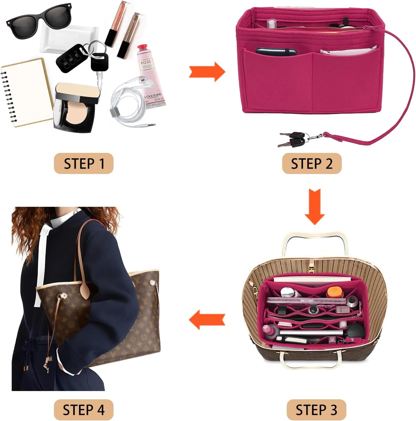 Surblue Purse Organizer Insert for Handbags, Felt Bag Organizer, Tote Bag Organizer, Tote Shaper Insert With Zippers, Thicken and Portable Handbag in Bag for Speedy Neverfull PM MM, (Rose, M)