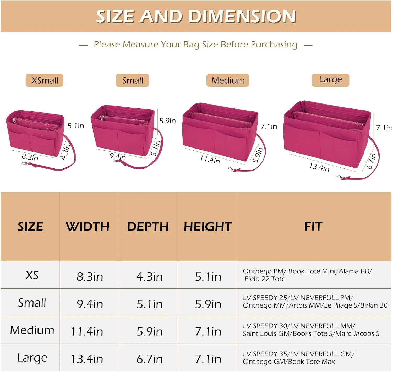 Surblue Purse Organizer Insert for Handbags, Felt Bag Organizer, Tote Bag Organizer, Tote Shaper Insert With Zippers, Thicken and Portable Handbag in Bag for Speedy Neverfull PM MM, (Rose, M)